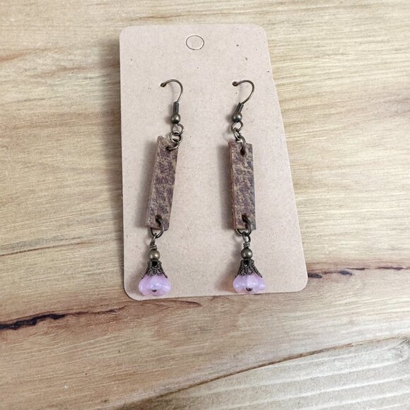 Leather and Flower Earrings Pink Czech Pressed Glass Beads - Picture 4 of 5